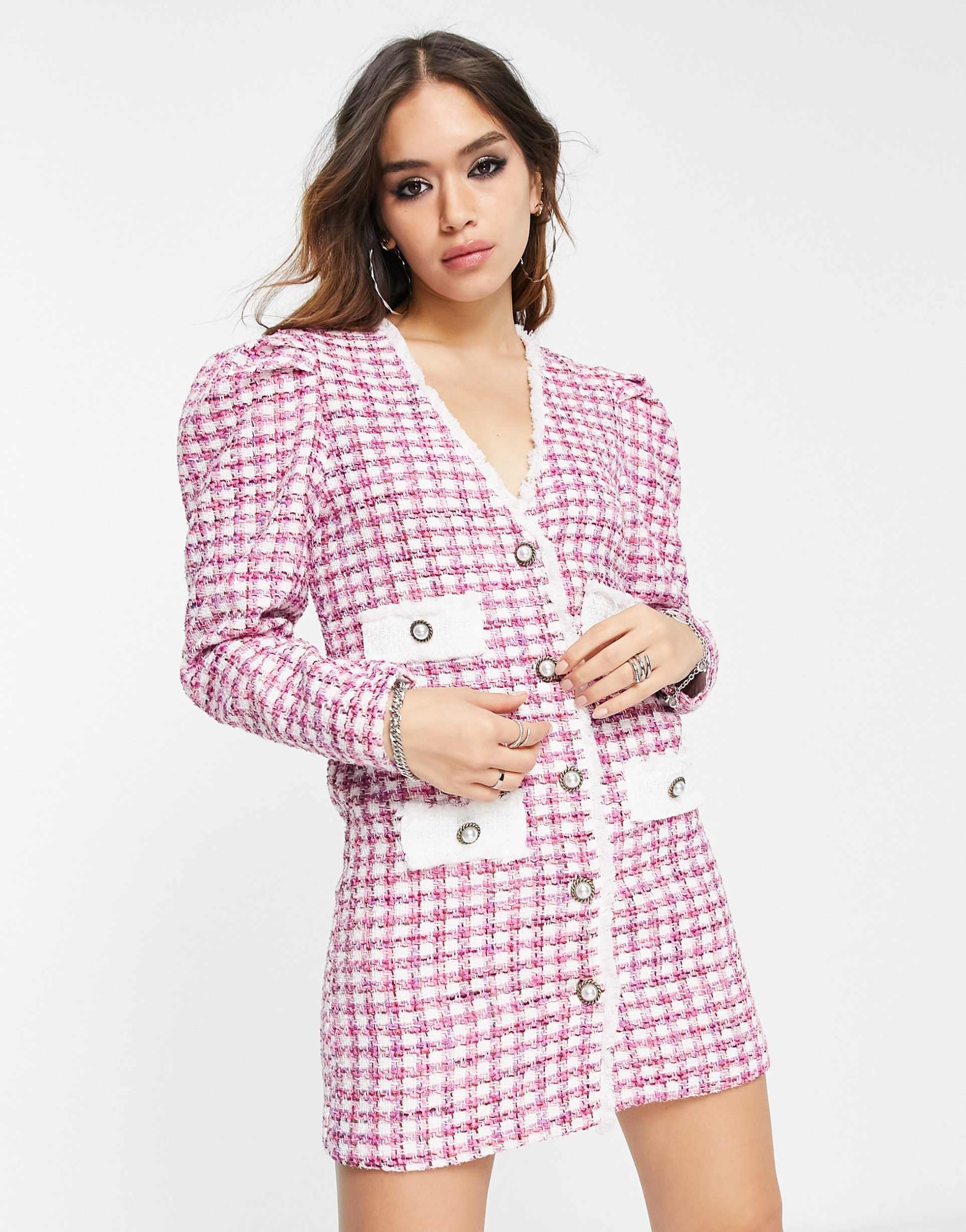 dream sister jane blazer dress in pink tweed