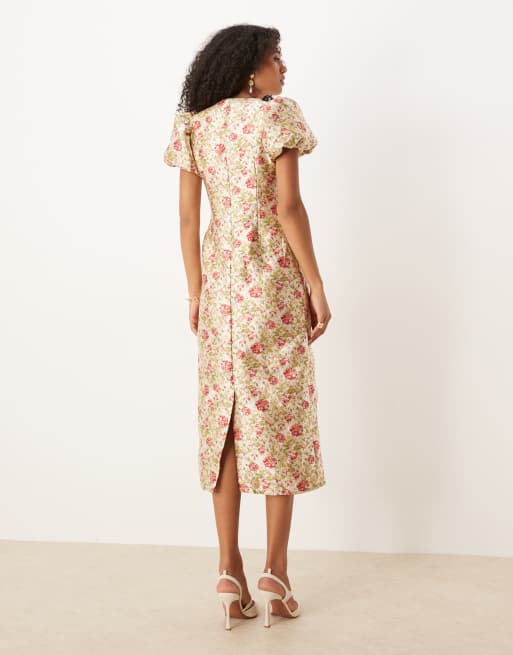 Dream Sister Jane – Blommig midiklänning i jacquard med puffärmar, 2 av 4
