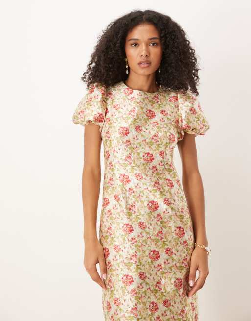 Dream Sister Jane – Blommig midiklänning i jacquard med puffärmar, 4 av 4