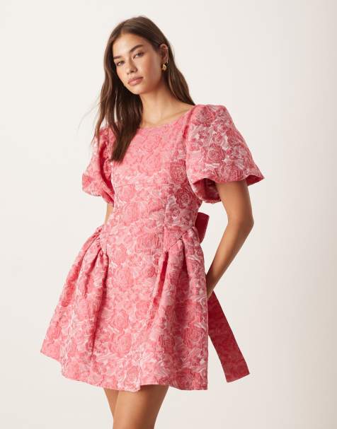 Dream Sister Jane bow back cinched jacquard mini dress in pink floral