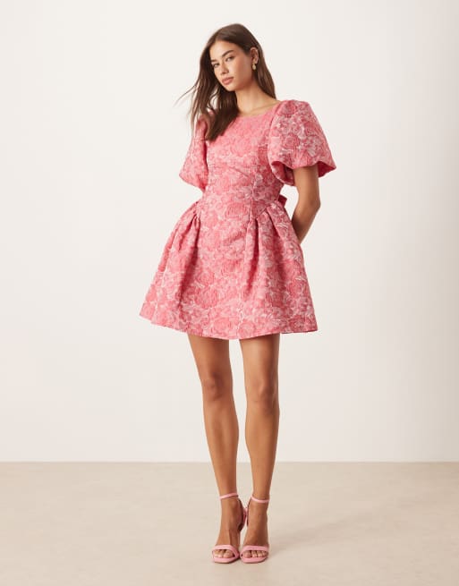 Dream Sister Jane bow back cinched jacquard mini dress in pink floral, 3 of 4