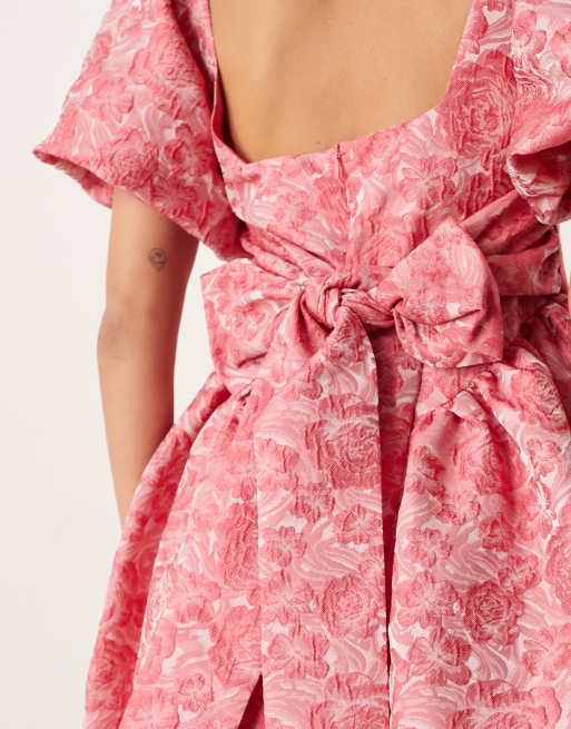 Dream Sister Jane bow back cinched jacquard mini dress in pink floral, 4 of 4