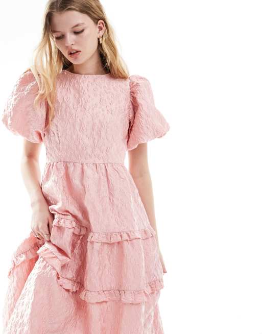 Dream Sister Jane bow back jacquard midaxi dress in pink, 2 of 4