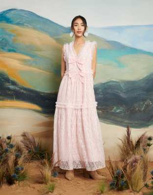 Dream Sister Jane bow detail frill lace maxi dress in powder pink