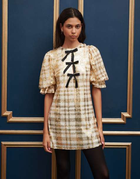 Dream Sister Jane bow front embellished check mini dress in gold - view 1