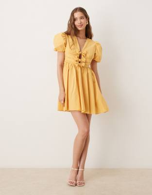 Dream Sister Jane bow front puff sleeve mini dress in yellow