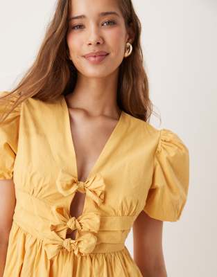 Sister Jane Dream  Bow Front Puff Sleeve Mini Dress In Yellow