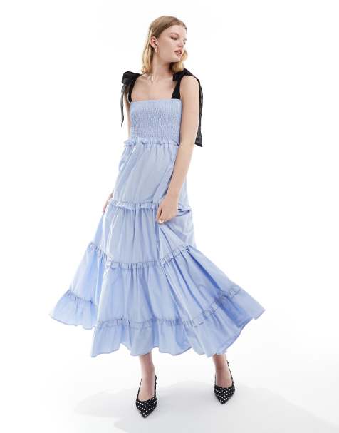 Dream Sister Jane bow shoulder ruffle midi dress in blue - view 1