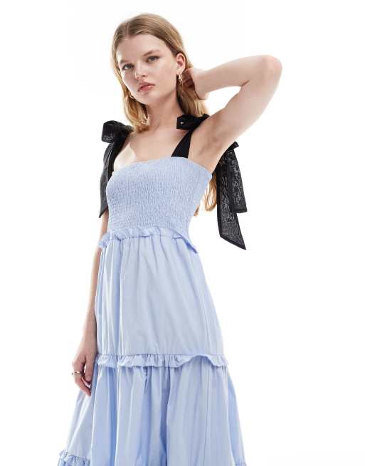 Dream Sister Jane bow shoulder ruffle midi dress in blue | ASOS