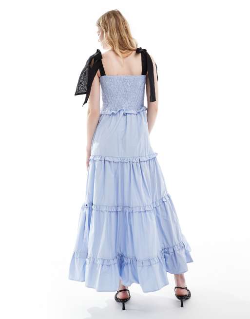 Dream Sister Jane bow shoulder ruffle midi dress in blue | ASOS