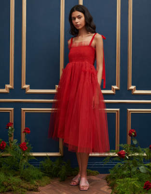 Sister Jane Dream  Bow Shoulder Tulle Midi Dress In Red