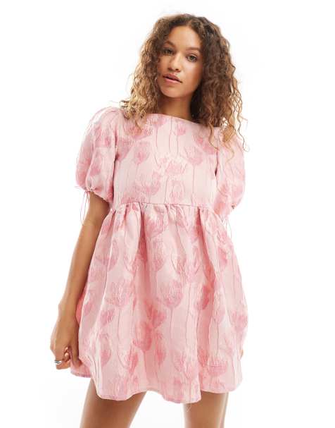 Dream Sister Jane bow sleeve jacquard mini dress in pink - view 1