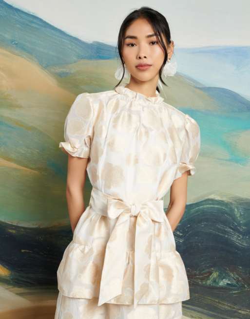 Dream Sister Jane bow tie front maxi dress in light gold | ASOS