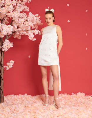 Dream Sister Jane Bridal mini dress with detachable bow in ivory co-ord-White