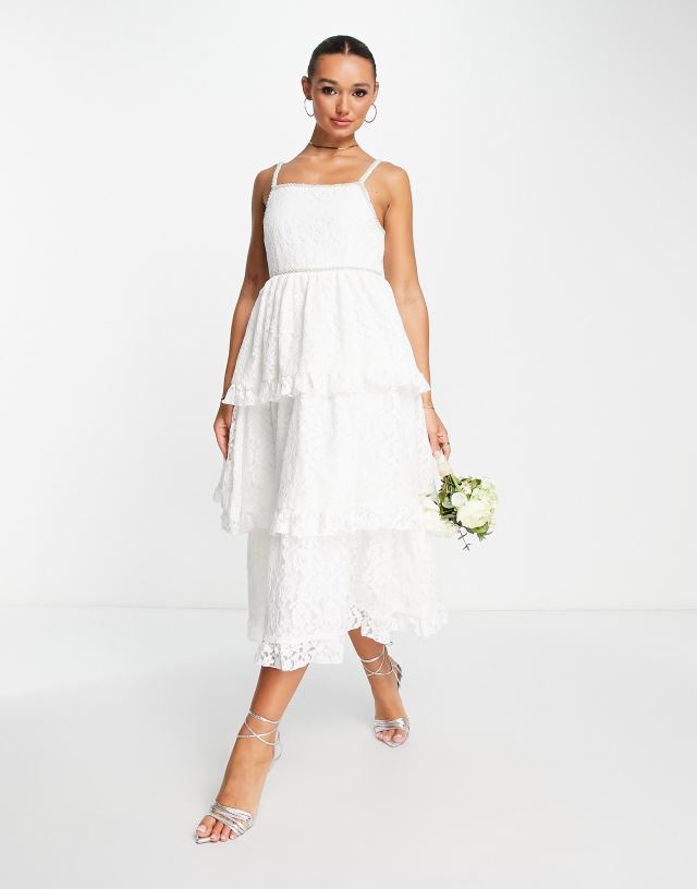 sister jane - dream  bridal tiered midi dress in lace with pearl details