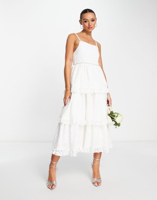 Dream Sister Jane Bridal tiered midi dress in lace with pearl