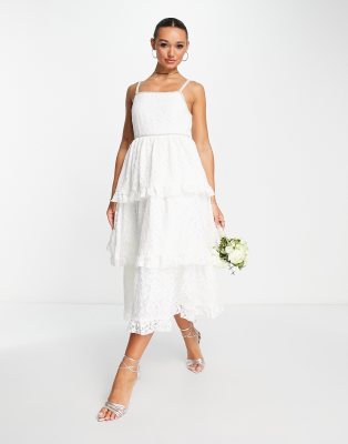 Shop Sister Jane Dream  Bridal Tiered Midi Dress In Lace With Pearl Details-white