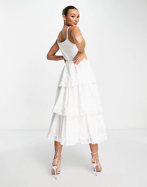 Dream Sister Jane Bridal tiered midi dress in lace with pearl details ...