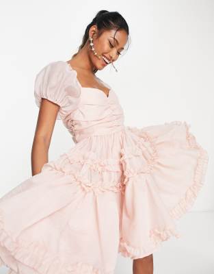 Dream Sister Jane - Bridesmaid - Kurzärmliges, kurzes Brautjungfernkleid aus babyrosa Organza mit Puffärmeln