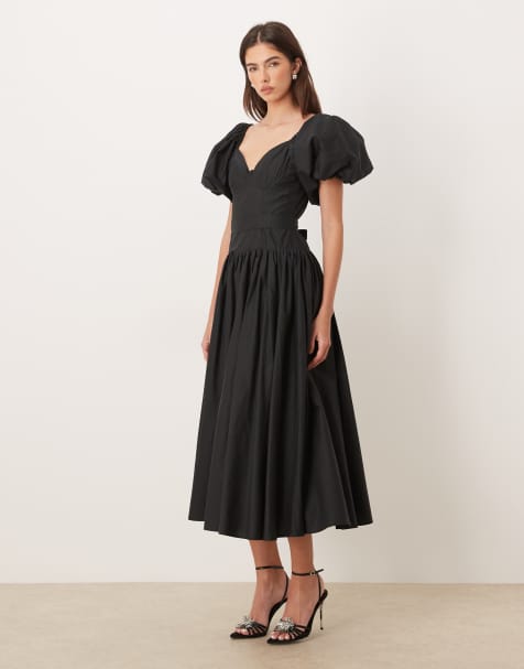 Dream Sister Jane Bright Intentions cotton blend puff sleeve midi dress in black