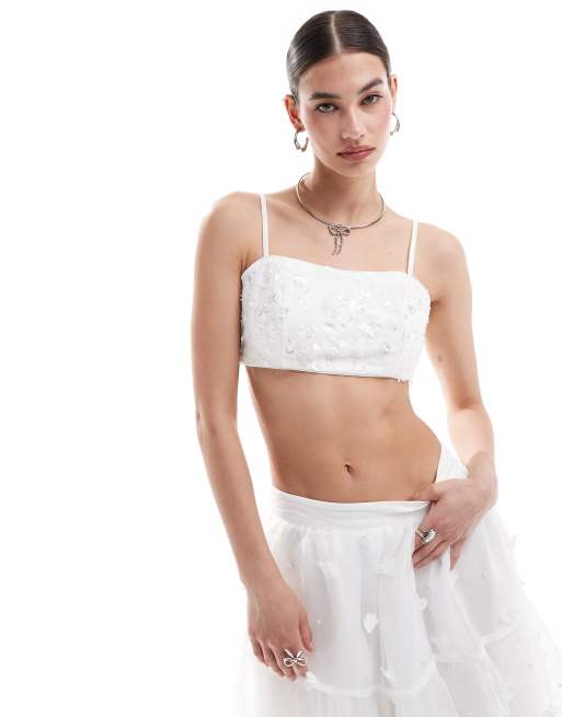 Dream Sister Jane - Bruidskleding - Bralette versierd met bloemen in ivoorwit, deel van co-ord set