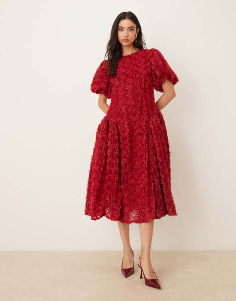 Dream Sister Jane Cabaret 3d floral puff sleeve drop waist midi dress in red - view 1
