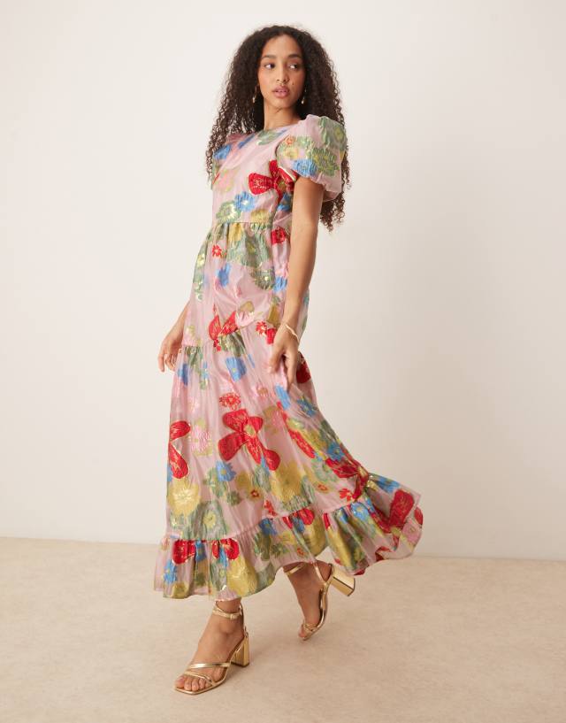 Dream Sister Jane Camellia jacquard maxi dress and red floral | ASOS