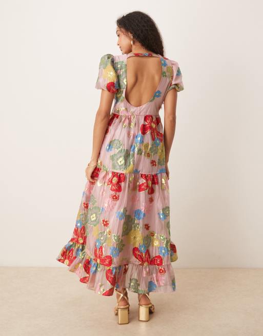 Dream Sister Jane Camellia jacquard maxi dress and red floral | ASOS