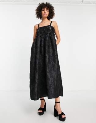 Sister Jane Dream Cami Maxi Dress In Floral Jacquard With Beaded Straps-black | ModeSens