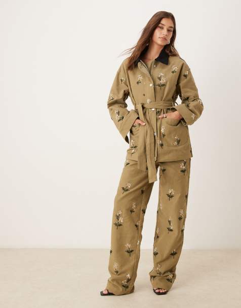 Dream Sister Jane chateau floral embellished jeans and jacket set in khak - view 1