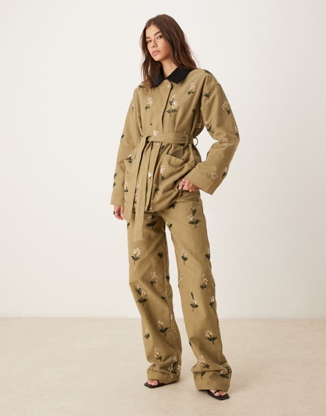 Dream Sister Jane chateau floral embellished jeans co-ord in khaki