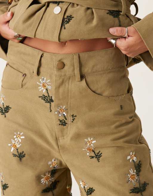Dream Sister Jane chateau floral embellished jeans co-ord in khaki