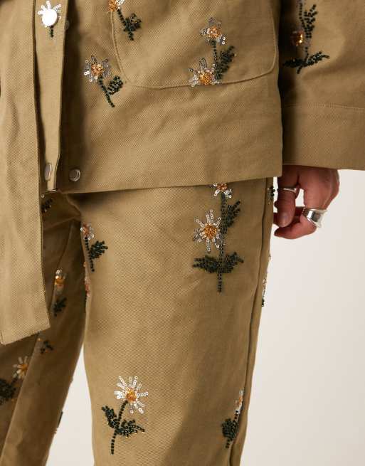 Dream Sister Jane chateau floral embellished jeans co-ord in khaki
