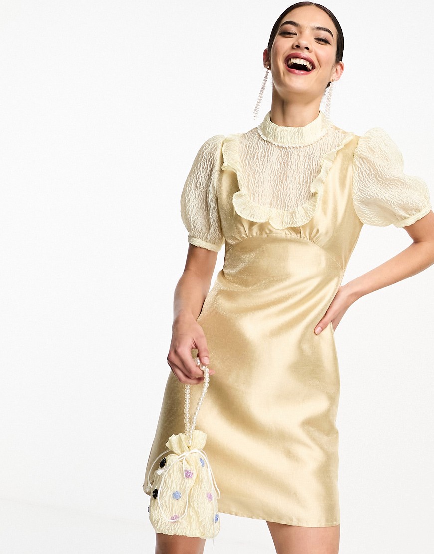 Dream Sister Jane contrast satin jacquard lace mini dress in gold co-ord