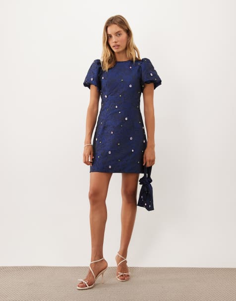 Dream Sister Jane Cosmo embellished round neck puff sleeve mini dress and bag co-ord in navy - view 1