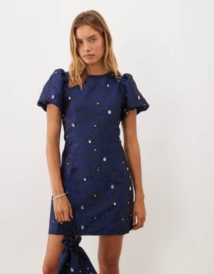 Sister Jane Dream  Cosmo Embellished Round Neck Puff Sleeve Mini Dress Co-ord In Navy