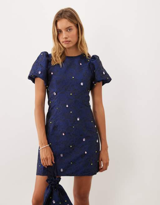 Dream Sister Jane Cosmo embellished round neck puff sleeve mini dress and bag set in navy, 3 of 3