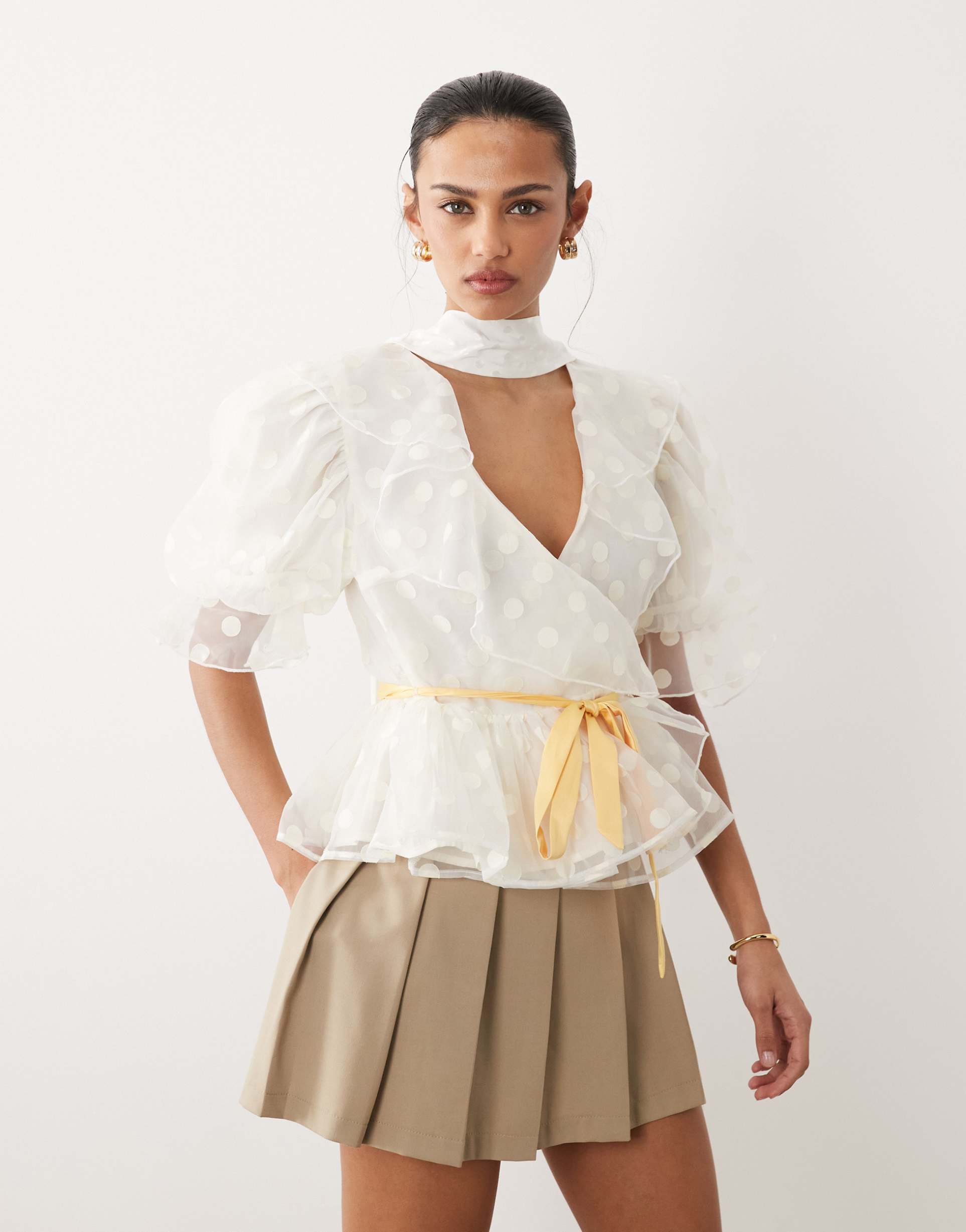 dream sister jane cotton blend polka dot organza puff sleeve wrap top in ivory