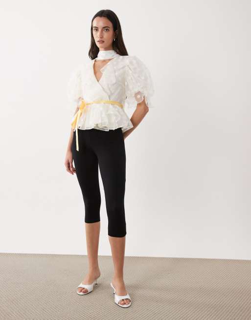 Dream Sister Jane cotton blend polka dot organza puff sleeve wrap top in ivory, 3 of 4