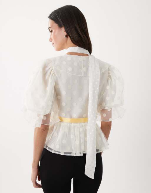 Dream Sister Jane cotton blend polka dot organza puff sleeve wrap top in ivory, 4 of 4