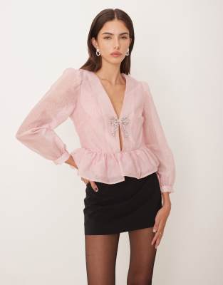Sister Jane Dream  Crinkle Peplum Top With Diamante Bow In Pink
