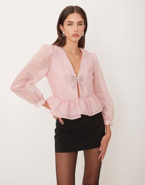 Dream Sister Jane crinkle peplum top with diamonte bow in pink