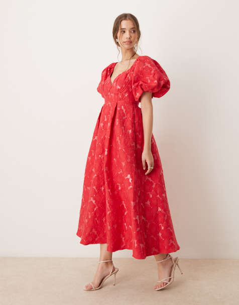 Dream Sister Jane puff sleeve jacquard midaxi dress in red