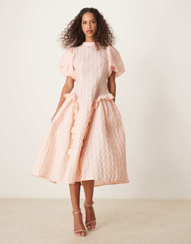 Dream Sister Jane drop hem jacquard midi dress in light pink | ASOS