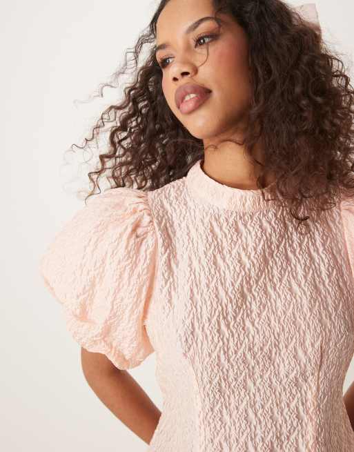 Dream Sister Jane drop hem jacquard midi dress in light pink | ASOS