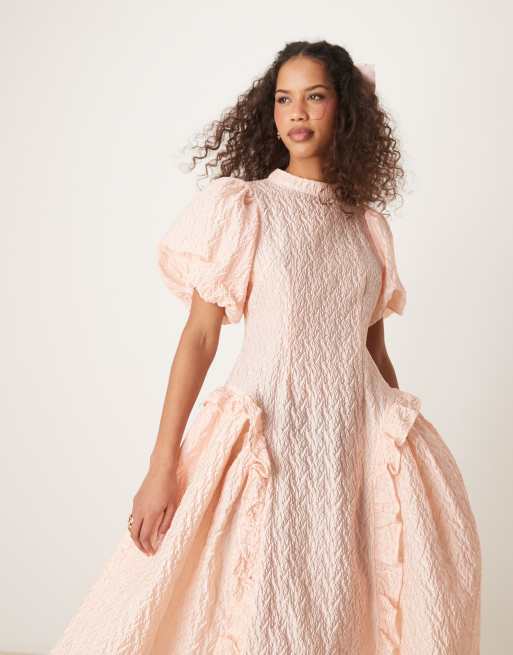 Dream Sister Jane drop hem jacquard midi dress in light pink | ASOS