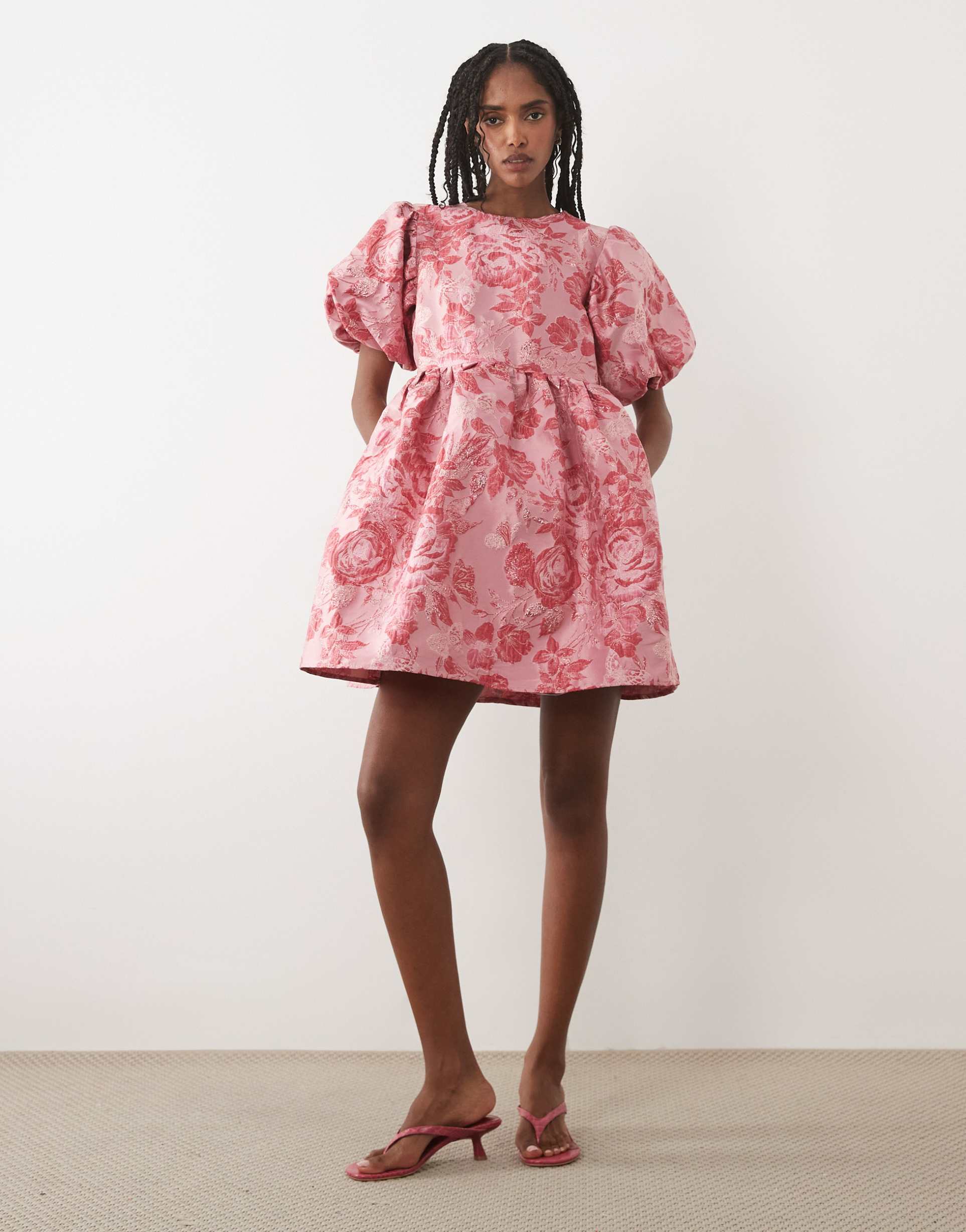 dream sister jane elara jacquard puff sleeve mini dress in pink floral - part of a set