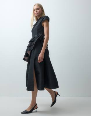 Sister Jane Dream  Elixir High Neck Cap Sleeve Ruffle Detailing Satin Midi Dress In Black