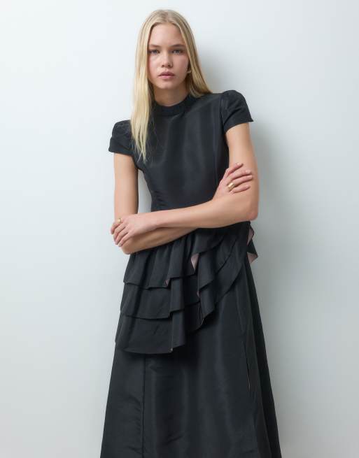 Dream Sister Jane Elixir high neck cap sleeve ruffle detailing satin midi dress in black, 2 of 4