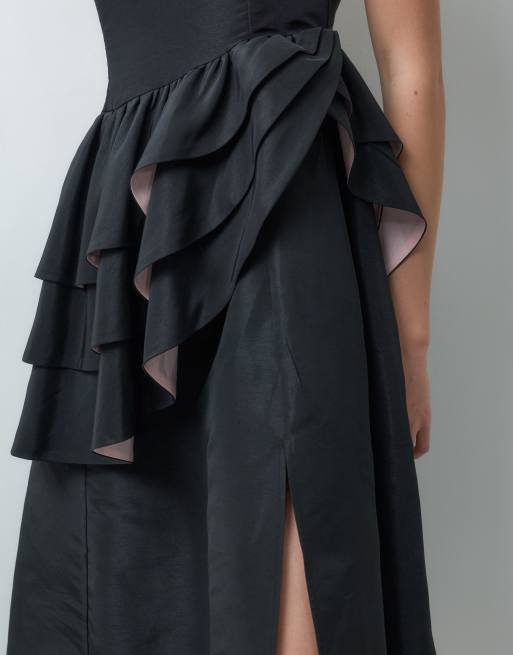 Dream Sister Jane Elixir high neck cap sleeve ruffle detailing satin midi dress in black, 3 of 4